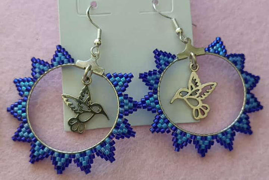 Suncatcher earrings | violet and light sapphire (glass seed beads) with hummingbirds
