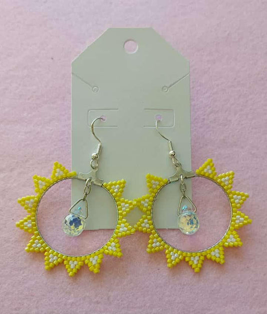Suncatcher earrings | yellow and white pearl (glass seed beads) with clear crystal drops.