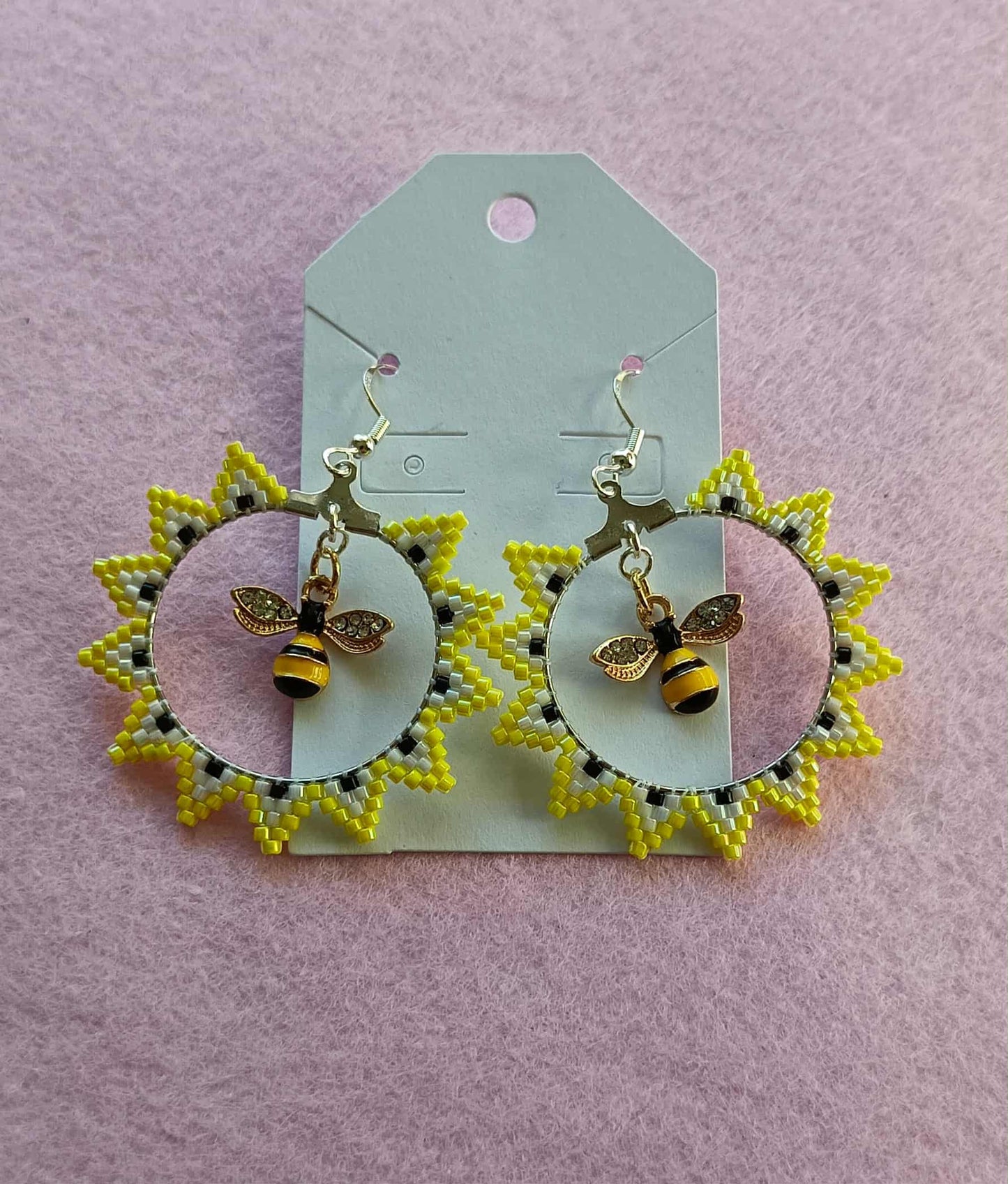 Suncatcher earrings | yellow, black, and white pearl (glass seed beads) with bees Sterling silver Earring's.
